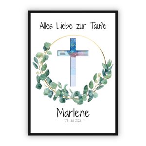 Geldgeschenk zur Taufe | Kreuz mit Eukalyptuskranz & Wunschname