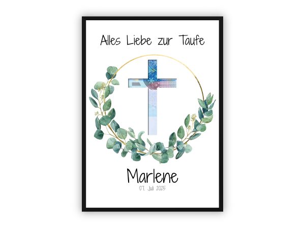 Geldgeschenk zur Taufe | Kreuz mit Eukalyptuskranz & Wunschname