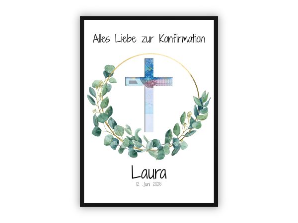 Geldgeschenk zur Konfirmation | Kreuz mit Eukalyptuskranz & Wunschname