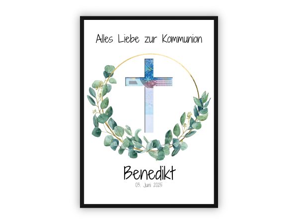 Geldgeschenk zur Kommunion | Kreuz mit Eukalyptuskranz & Wunschname