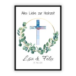 Geldgeschenk zur Hochzeit | Kreuz mit Eukalyptuskranz & Wunschnamen