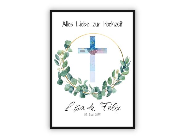Geldgeschenk zur Hochzeit | Kreuz mit Eukalyptuskranz & Wunschnamen