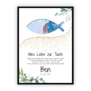 Geldgeschenk zur Taufe | Fischsymbol mit Segensspruch & Wunschname