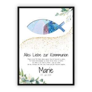 Geldgeschenk zur Kommunion | Fischsymbol mit Wunschtext & Name