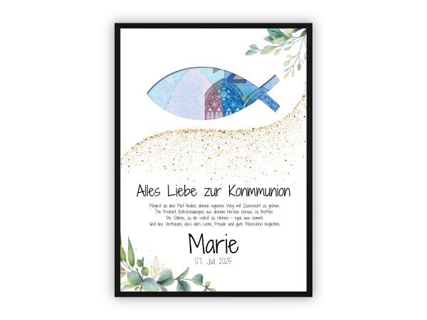 Geldgeschenk zur Kommunion | Fischsymbol mit Wunschtext & Name
