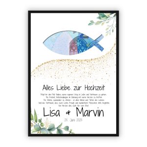 Geldgeschenk zur Hochzeit | Fischsymbol mit Namen & Hochzeitsdatum