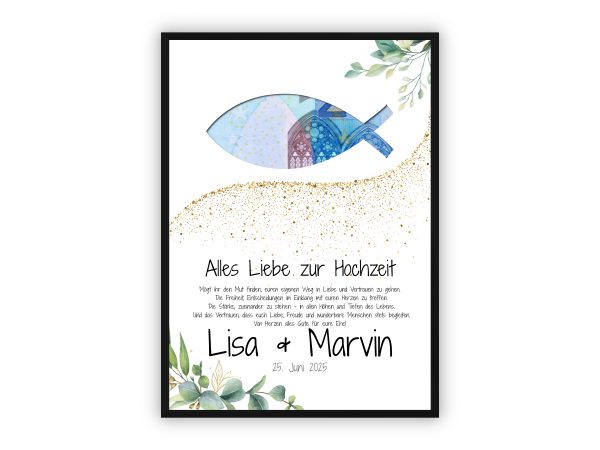 Geldgeschenk zur Hochzeit | Fischsymbol mit Namen & Hochzeitsdatum