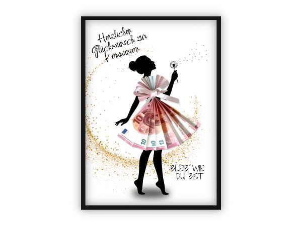 Geldgeschenk zur Kommunion | Mädchen-Silhouette mit Fächerkleid & Pusteblume