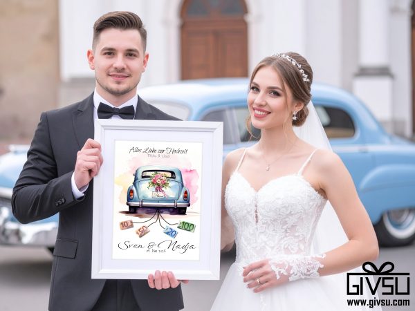 Geldgeschenk zur Hochzeit | Just Married mit Oldtimer und echten Geldscheinen am Band – Bild 2