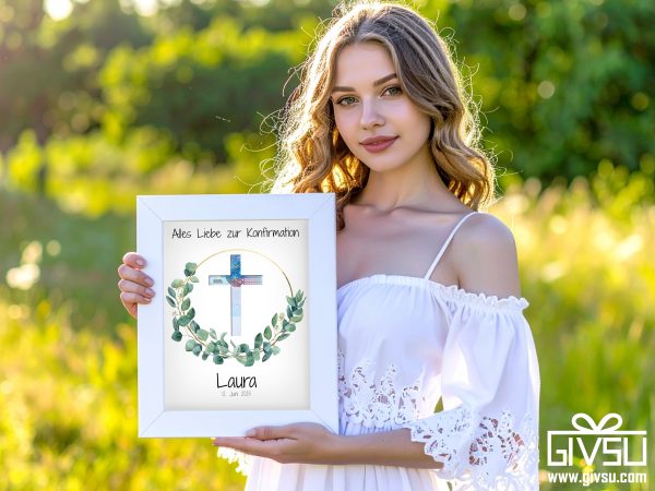 Geldgeschenk zur Konfirmation | Kreuz mit Eukalyptuskranz & Wunschname – Bild 2