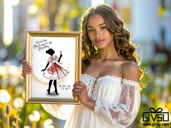 Geldgeschenk zum Geburtstag | Mädchen-Silhouette mit Fächerkleid & Pusteblume – Bild 2