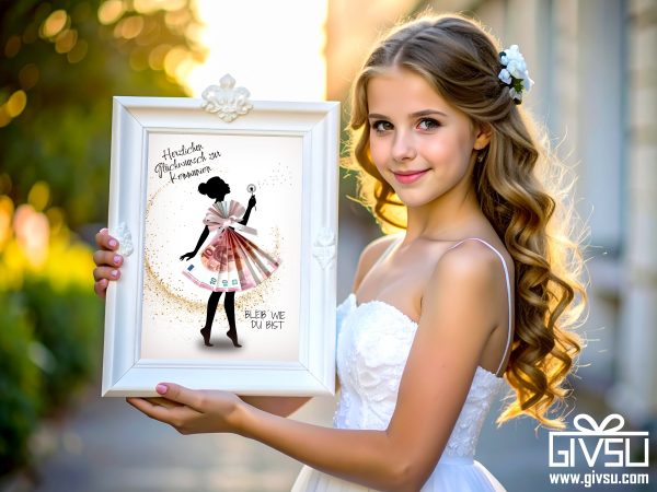 Geldgeschenk zur Kommunion | Mädchen-Silhouette mit Fächerkleid & Pusteblume – Bild 2