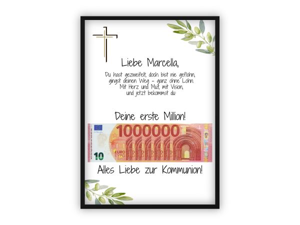 Geldgeschenk zur Kommunion | Deine erste Million – christliches Motiv mit Olivenzweigen