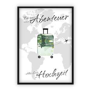 Geldgeschenk zur Hochzeit | Weltkarte mit Koffer zum Ausschneiden