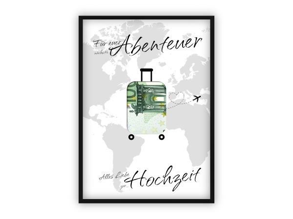 Geldgeschenk zur Hochzeit | Weltkarte mit Koffer zum Ausschneiden