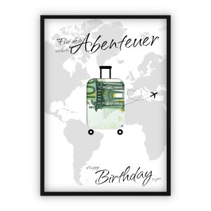 Geldgeschenk zum Geburtstag | Weltkarte mit Koffer zum Ausschneiden