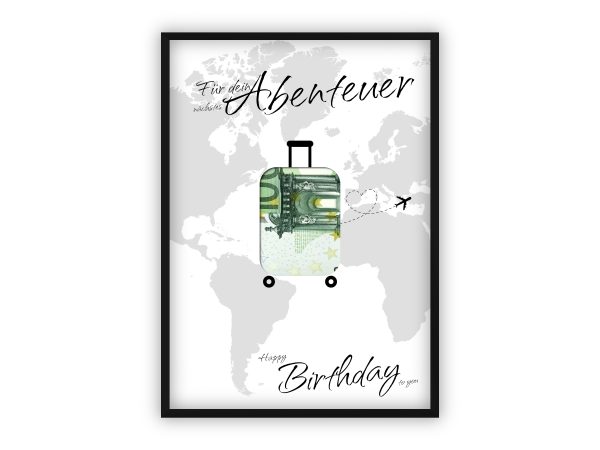 Geldgeschenk zum Geburtstag | Weltkarte mit Koffer zum Ausschneiden